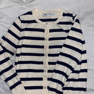 Zara Navy and Cream Stripped Pearl Button Sweater